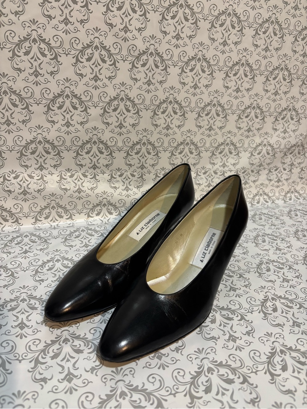 VTG 1980s Liz Claiborne Black Leather Pointed Toe Pumps Slip On Size 8.5